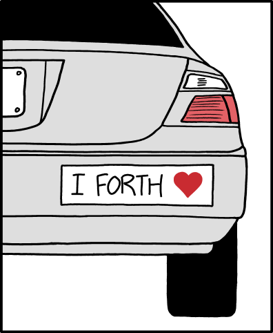 xkcd 3277 'Forth': the rear of a car with a bumper sticker reading 'I FORTH ❤', which is 'I ❤ FORTH' in reverse Polish notation: operands first, operator last.